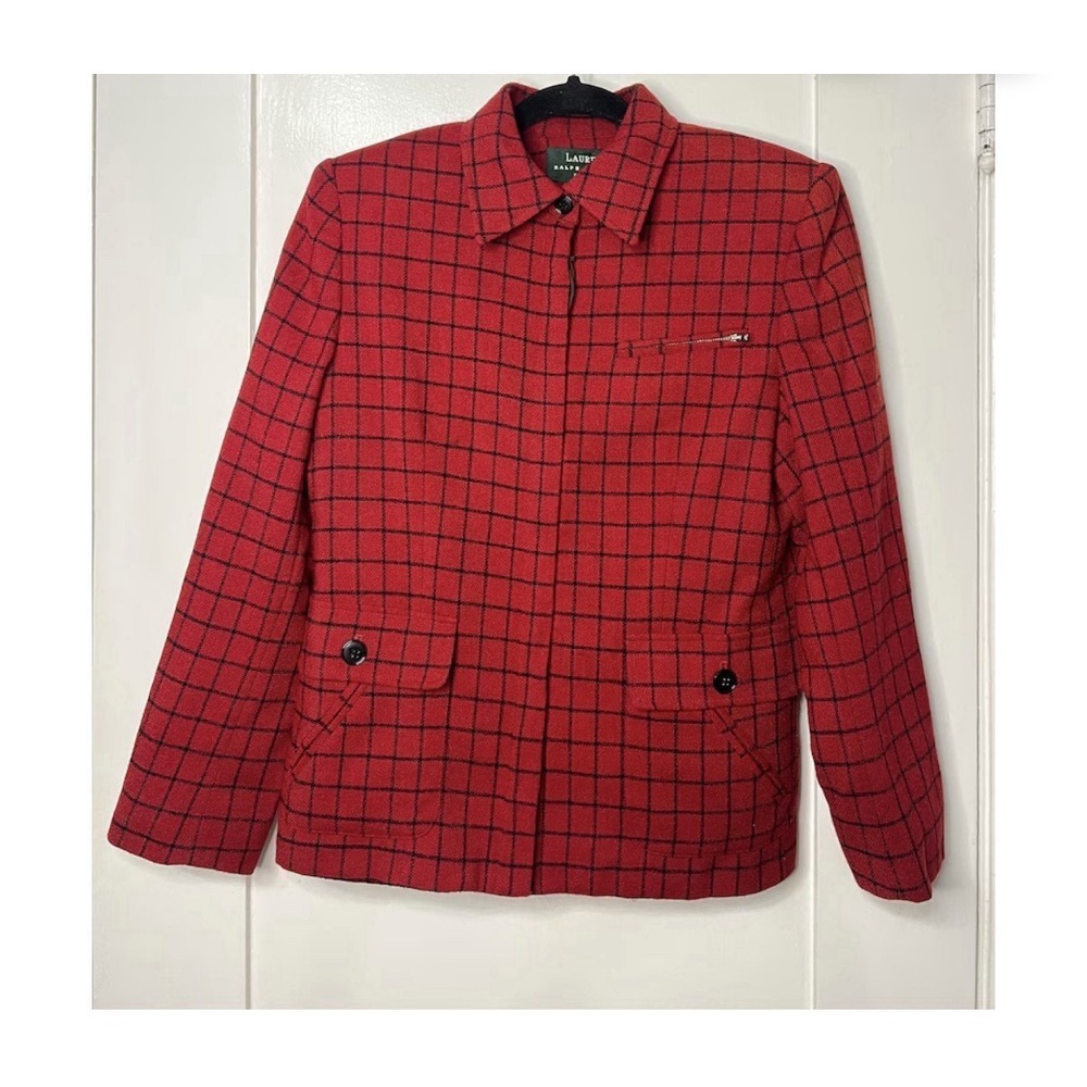 Ralph Lauren Red Windowpane Plaid Wool Jacket Women's 6 Equestrian Blazer VNTG